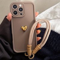 Cute 3D Golden Love Heart Soft Case For iPhone 16 17 Pro Max 15 14 13 12 11 Pro 16E Plus Wrist Chain Hang Strap Shockproof Cover