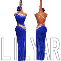 New Latin Dance Competition Performance Adult Female Sapphire Blue Long Gold Embroidered Sleeveless Backless Dance Dress