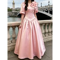 Pink Rose Womens Satin Evening Dress Round neck Balloon Sleeves Sister of the Bride Dress for Wedding Guest Formal Custom