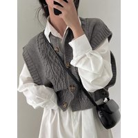 Loose Women's Knitted Sweater Vest Spring Autumn New Style Twist Design Sleeveless Outerwear Fashionable round Neck Short Length