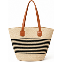 Women Striped Straw Tote Bag Large Capacity Summer Beach Vacation Handbag Casual Woven Shoulder Bag