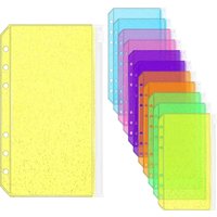 A5/A6 Zipper Pockets Colorful Glitter Pocket Sleeves 12 Pack Plastic Sheet Protectors for 6 Ring A5/A6 Binders(6 Color)