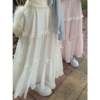 Japanese Kawaii Midi Skirt Y2k Harajuku Ruffles Lace Skirt Sweet Preppy Style Women Subculture Chic High Waist Bow Skirt