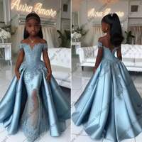 Customized 2026 Elegant Blue Satin Princess Flower Girls Dresses Off Shoulder With Overskirt Train Pageant Evening Gowns