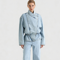 LIMO 2026 denim jacket. Asymmetrical button closure, stand collar, Durable cotton blend, relaxed silhouette, for normal or party