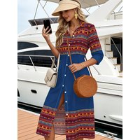 Women's Navy Blue Tribal Print Button Down Shirt Dress Half Sleeve Split Midi Dress