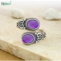 Vintage 925 Silver Ring with Natural Amethyst 6*8mm Adjustable Rings Flower Carved Stamping Bohemia Style Fine Jewelry for Women