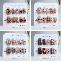 10Pcs Autumn and Winter Cute Cartoon Cat and Dog Press on Nails Lovely Maillard Style Nail Patch Rose Gold Gilded Bow False Nail