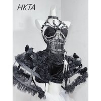 Dark Style Goth Metal Chain Waist Rose Feather Embroidered Tube Top Y2k Women Summer Thin Lace Pleated Shorts Black Skirt Sets