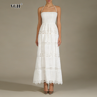 VGH White Casual Street Midi Length Dress for Women Halter Neck Strapless High Waist Patchwork Hollow Out Fashion Dresses Female