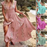 2026 Style New Women's V-Neck Formal Beach Bohemian Print Dress for Europe and America
