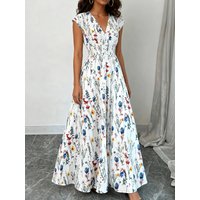 2026 European and American Women's Summer Printed V-neck Long Dress with Waist Cinched Short Sleeved Lace Up Dress