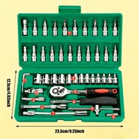 46 Pieces Household Mechanic Tool Kit 1/4" Ratchet Wrench Metric Hex Bit Socket Set For Car Auto Repair
