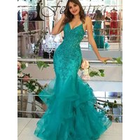 Charming Mermaid Prom Dress Hunter Spaghetti Straps Long Floor length Evening Gowns Lace Appliques Customized Reception Dresses