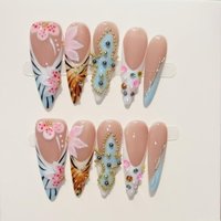 10Pcs Long Stiletto Colorful Flowers Rhinestone Summer Fresh Fake Nails for Spice Girl Sweet Cool Summer Wearable Acrylic Nails
