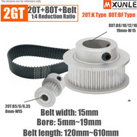 Belt pulley kit 20T 80T 2GT bandwidth 15mm speed ratio 1:4 Bore 5~12mm for 3D printer synchronous wheel 2M GT2 belt pulley kit