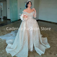 Customized Luxury Strapless Appliqued Pearls Sparkling Saudi Arabia Style Wedding Dresses Long Sleeve Gorgeous Bridal Gowns