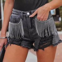 Ripped Shorts Women Vintage Jeans Chain Tassel Distressed Washed Mid Waist Hole Short Pants Streetwear Female Straight Denims