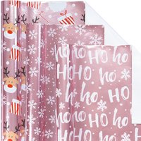 1 Rolle Weihnachts-Geschenkpapier, Mini-Rolle, Rosa Metallic-Folie Glanzpapier - Schneeflocken/Weihnachtsmann/HO-Druck für Geschenkverpackungen, Kunsthandwerk