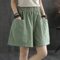 Spring and summer fashion casual versatile classic simple solid color pocket decoration women's large size wide-leg shorts