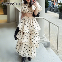 TWOTWINSTY Polka Dot Two Piece Set for Women O Neck Short Sleeve Top High Waist Temperament Skirt Sets Female