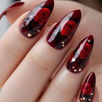 Medium fake nails for women girls New year red flowers heart design for Valentine's Day Almond ballet tips press on false nail