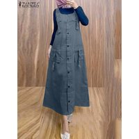 ZANZEA Casual Cargo Dresses Women Muslim Fashion Work Wear Suspender Dress Islamic Hijab Style Daily A-line Overall Vestidos