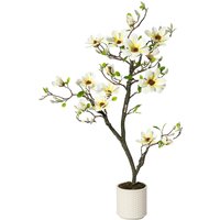 Arbre de magnolia artificiel de 1,2 m – Grande plante décorative pour la cour, la terrasse, la maison ou le bureau (intérieur/extérieur) – 66 fleurs réalistes et feuilles éclatantes – Pot blanc