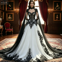 Black White Gothic Wedding Dresses Victorian gh Neck Lace Appliques A-Line Bridal Gown With Cape Train Civil Vampire Casamento