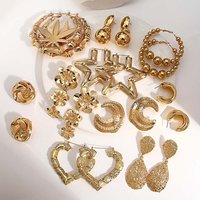 Freetry Vintage Gold Color Dangle Earrings for Women Geometric Flower Star Moon Heart Hoop Earrings Fashion Jewelry Gifts