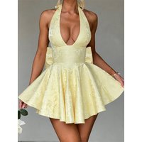 Women Halter Neck Short Dress Summer Jacquard Big Bow Backless Bandage Elegant Evening Party Dresses for Cocktail Prom Wedding