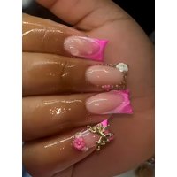 24Pcs Mid-length Square Press on Fake Nails with Pink French Butterfly Flower Design False Nails Reusable Full Cover Nails Tips