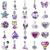 2026 Purple Crystal 925 Silver Butterfly Flower Moon Talisman Suitable for European Bracelet DIY Women's Jewelry Accessories