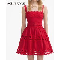 TWOTWINSTYLE Solid Slimming Mini Elegant Dresses for Women Square Neck Sleeveless Hollow Out Patchwork Lace Dress Female Fashion