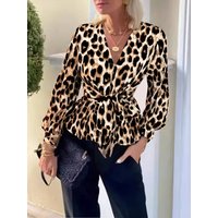 Spring Summer Women's Blouse Leopard Print V Neck Long Sleeve Waist Tie Ruffled Hem Slim Trendy Daily Casual Dating Top