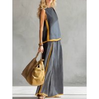 UOOZEE 2026 New Summer Women's Suits Sleeveless O-Neck Tops & High Waisted Wide Leg Pants Contrast Color Linen Two Pieces Set