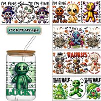 Halloween Voodoo Doll UV DTF Wraps Pumpkin Bat Spooky Stickers Waterproof DIY Decals for 16oz Libbey Glass Cans