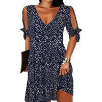 Women's Elegant V-Neck Summer Polka Dot Print Off-Shoulder Dress, Suitable for Vacation, Music Festivals, and Everyday Casual Wear