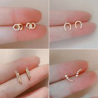 Fashion Simple Small Zircon Double Circle Stud Earrings For Women Girls Gold Color Shiny Geometry U Shaped Charm Daily Jewelry