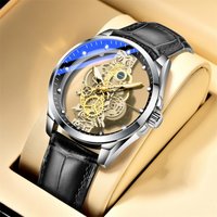 Business Men's Fashion Quartz Watch Leather Strap Skeleton 30M Waterproof Stainless Steel Case Minimalist Design Holiday Gift