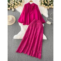 Light Mature Style Shirt Top Set with Knot round Neck Lantern Sleeve High Waist Slim Fit Lace Splicing Skirt
