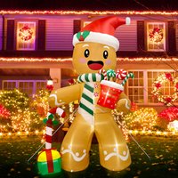 Décoration gonflable de Noël de 8 pieds, adorable bonhomme en pain d'épices tenant des cadeaux, convient pour les pelouses et les jardins intérieurs et extérieurs.