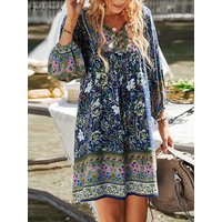 Summer Bohemian Floral Printed Dress ZANZEA Women 3/4 Sleeve V Neck Holiday Sundress Robe Femme Vintage Beach Vestidos Kaftan
