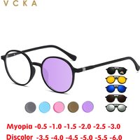 VCKA Round Discoloration Myopia Glasses Fashion Women Men Polarized Magnetic Clip 6 in 1 Mirror Sunglasses Prescription Eyewear