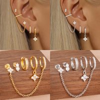 4PCS French Design Stainless Steel Fashion Geometry Ear Studs Sets For Women Zircon Flower Dangle Earring Romantic Jewelry Gifts