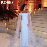 ROSES Light Blue Evening Dress Off Shoulder Formal Gown with 3D Floral Tulle Cape Sleeves Night Dresses Prom Dresses Customized