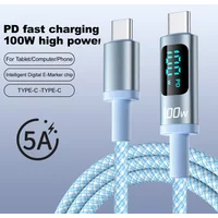 PD 100W 5A Braided Super Fast Charging Usb C To Type C Cable with Led Display for Iphone 16/15 Pro Max Plus for Oppo Xiaomi
