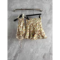 Summer New Colorful Plant Flower Printed Linen Set Hanging Neck Strap Top Tank Slimming Skirt Beach Style Two Piece Set