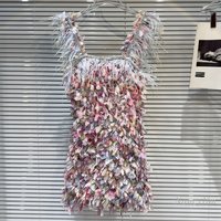 2024 Summer New Classic Style Ostrich Feather Shoulder Strap Color Cloth Strip Tassel Suspender Strap Dress for Women