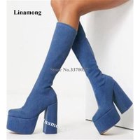 Linamong Sexy Chunky Heel Lange Stiefel Neueste Schlanke Runde Kappe Blau Denim Hohe Plattform Starke Ferse Mid-kalb Stiefel party Kleid Heels